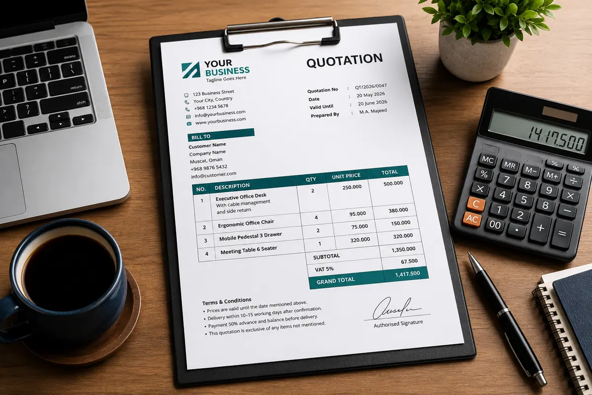Professional quotation document with laptop, calculator and office accessories