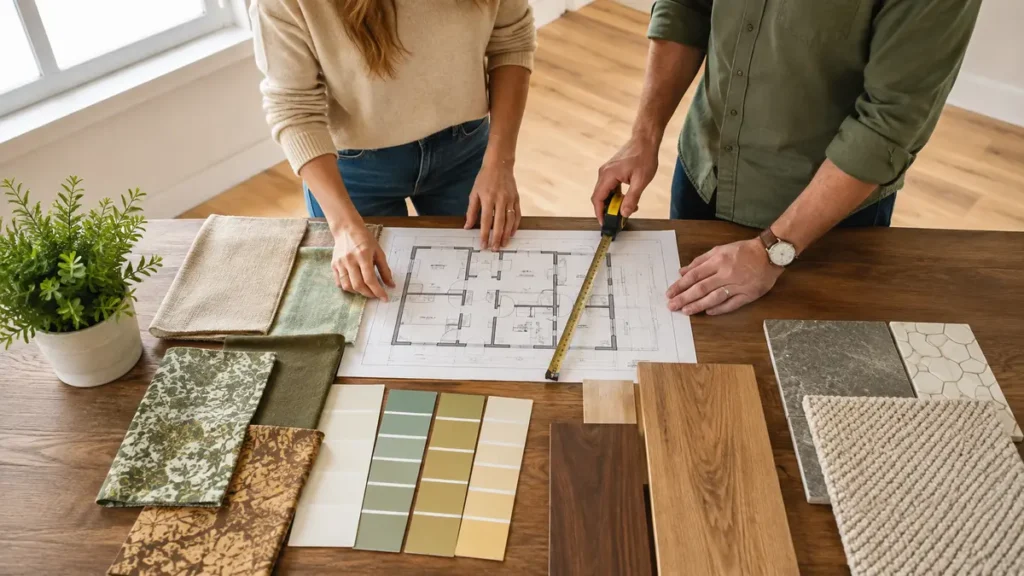 Homeowners reviewing room measurements, material samples and a furnishing plan