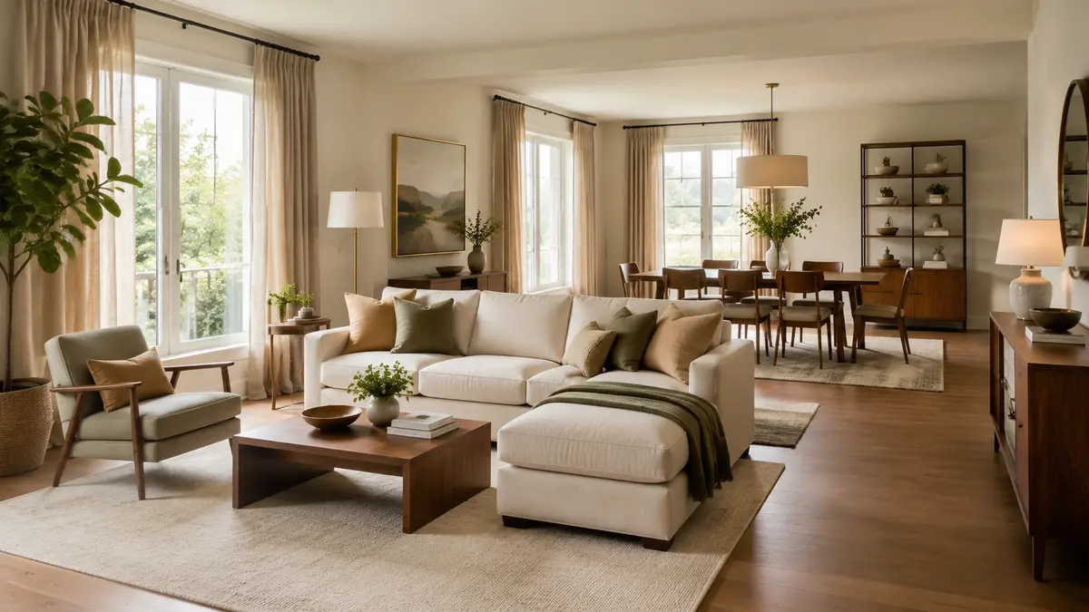 Warm coordinated living and dining interior in a newly furnished home
