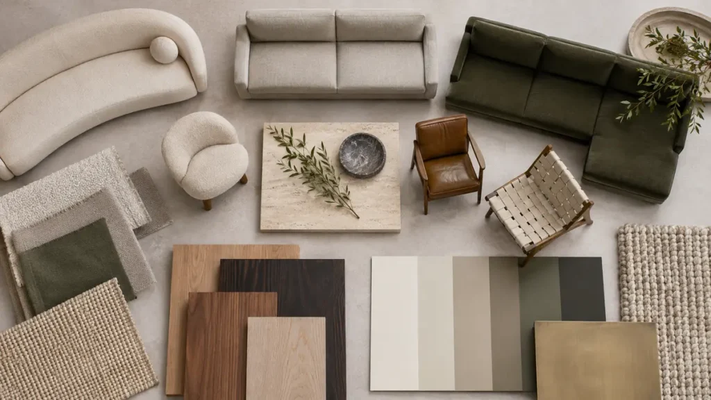 Interior style board comparing furniture shapes, wood tones, fabrics and colours

