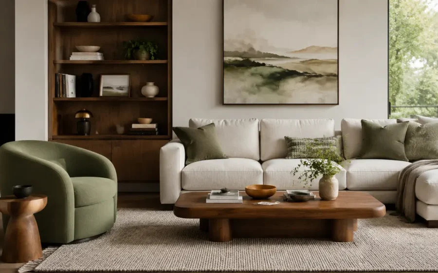 Coordinated warm contemporary home interior with natural materials