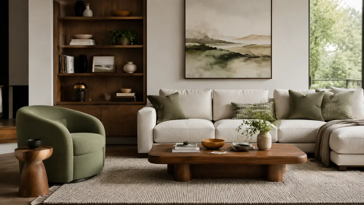 Coordinated warm contemporary home interior with natural materials