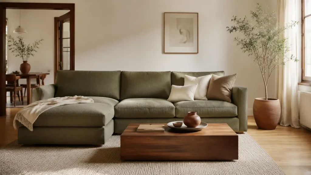 Muted olive sofa coordinated with warm walls and oak flooring