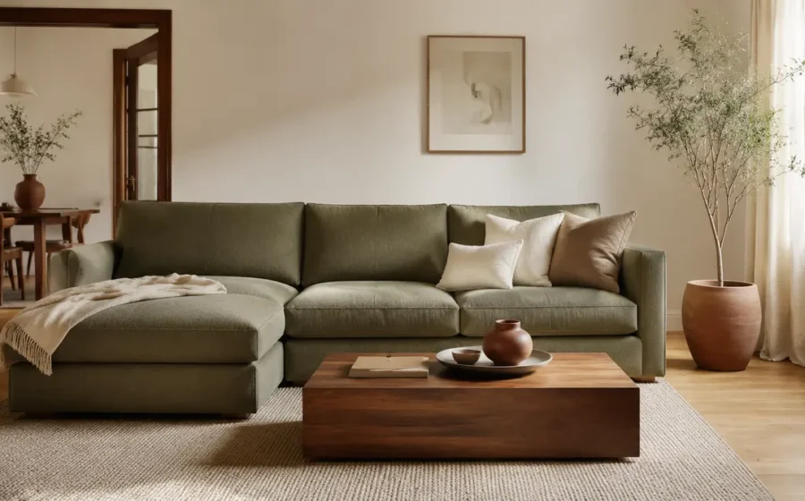 Muted olive sofa coordinated with warm walls and oak flooring