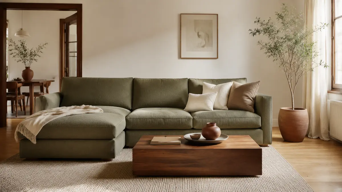 Muted olive sofa coordinated with warm walls and oak flooring