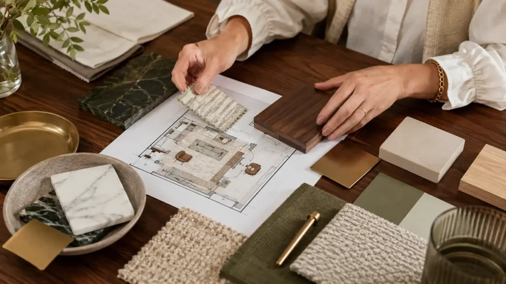 Designer arranging coordinated home furnishing materials on a table