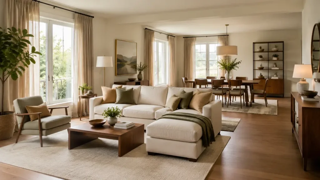 Warm coordinated living and dining interior in a newly furnished home