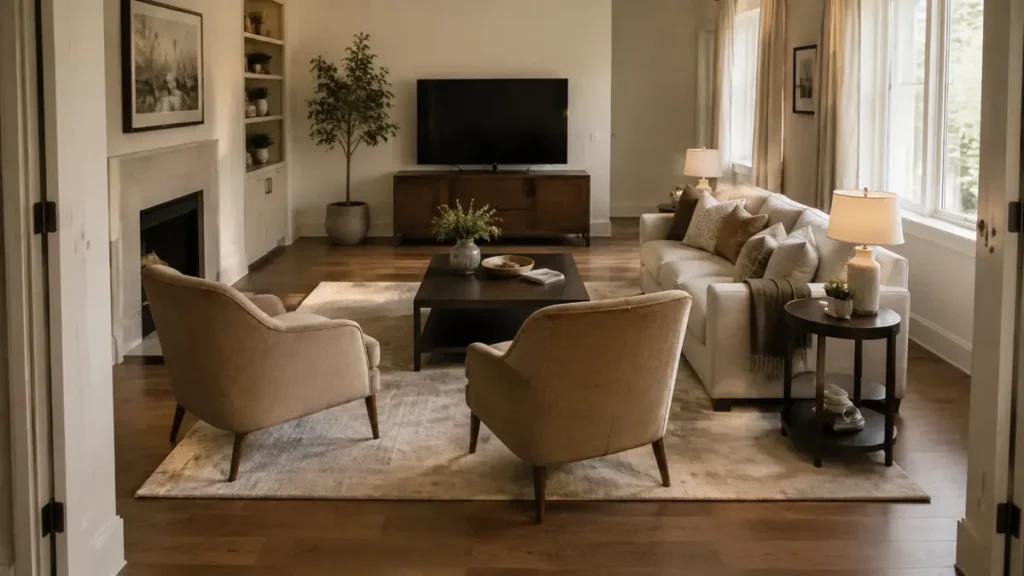 Balanced living room furniture layout with clear circulation