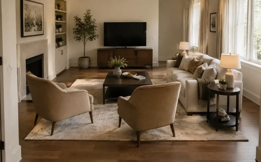 Balanced living room furniture layout with clear circulation