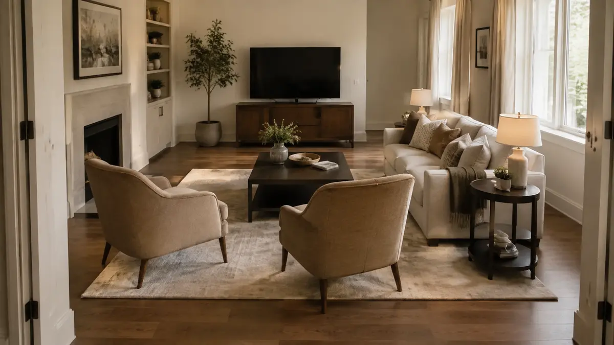 Balanced living room furniture layout with clear circulation