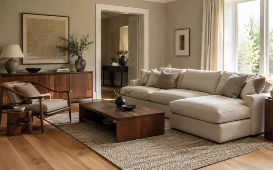 Living room with coordinated floor wall colour and furniture