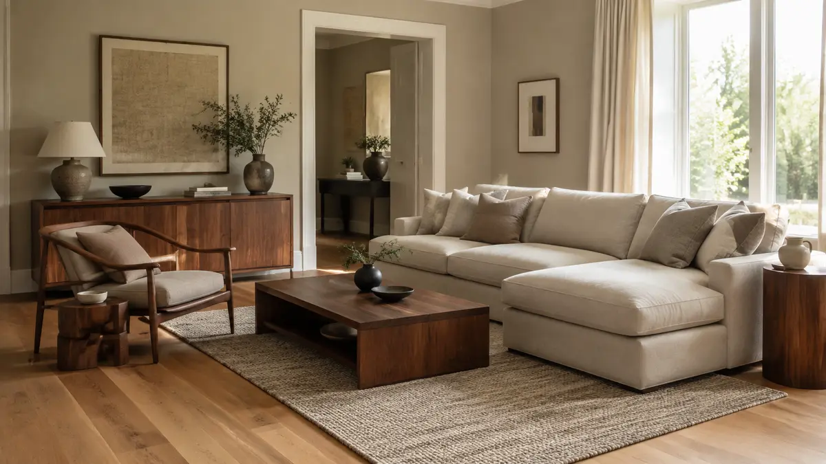 Living room with coordinated floor wall colour and furniture