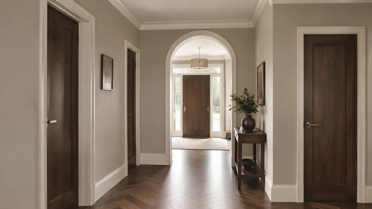 Hallway with coordinated warm walls white trim and dark wood doors