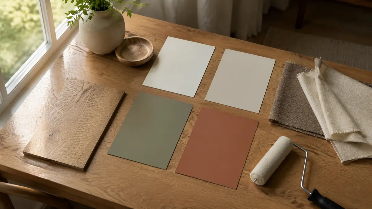 Large neutral and accent paint samples tested beside flooring and curtain fabric