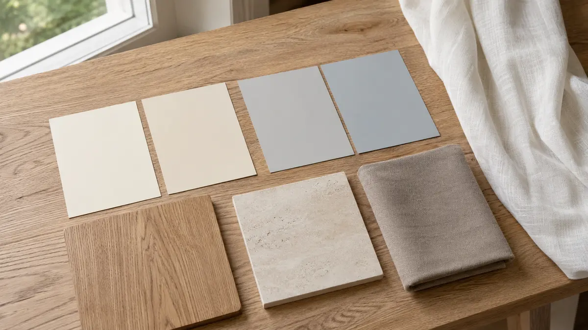 Warm and cool neutral paint samples compared with wood stone and fabric