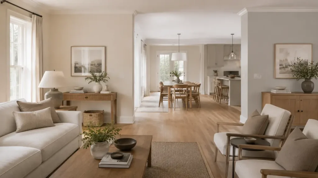 Interior showing balanced warm and cool neutral wall colours