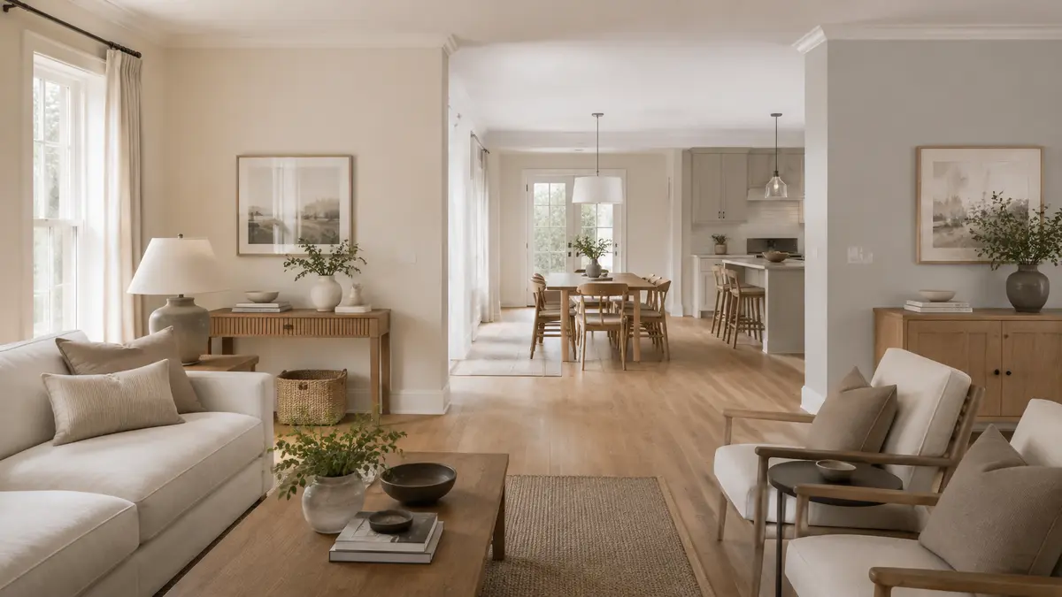 Interior showing balanced warm and cool neutral wall colours