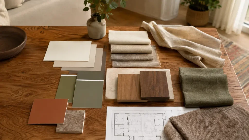 Coordinated whole-home palette with paint, flooring, wood, curtain and upholstery samples
