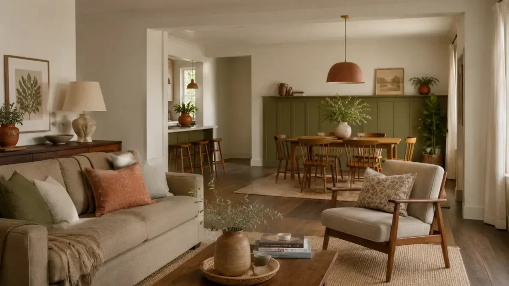 Whole-home colour palette with coordinated paint flooring and furniture samples