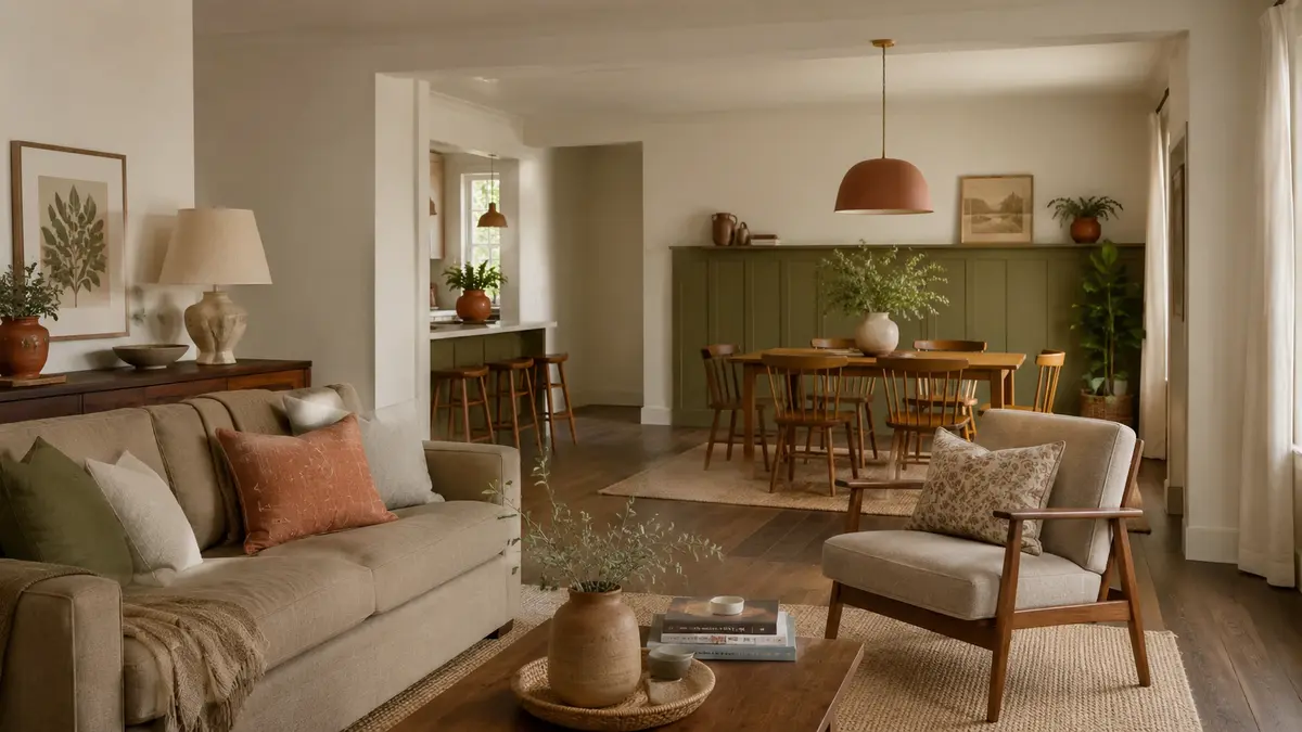 Whole-home colour palette with coordinated paint flooring and furniture samples