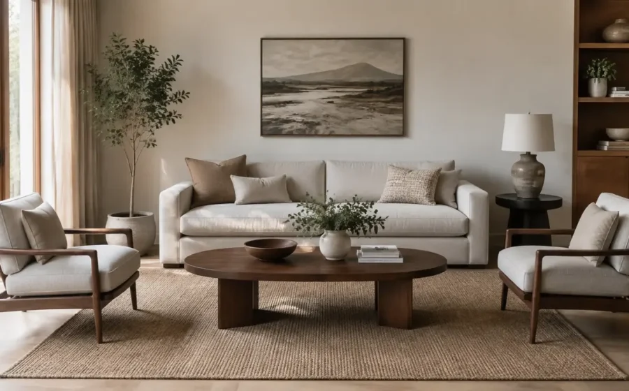 Correctly proportioned oval coffee table with sofa and chairs