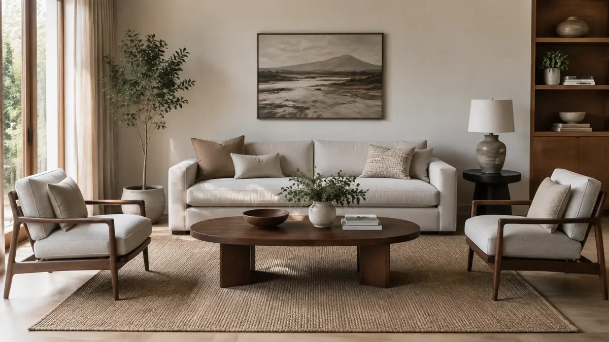 Correctly proportioned oval coffee table with sofa and chairs