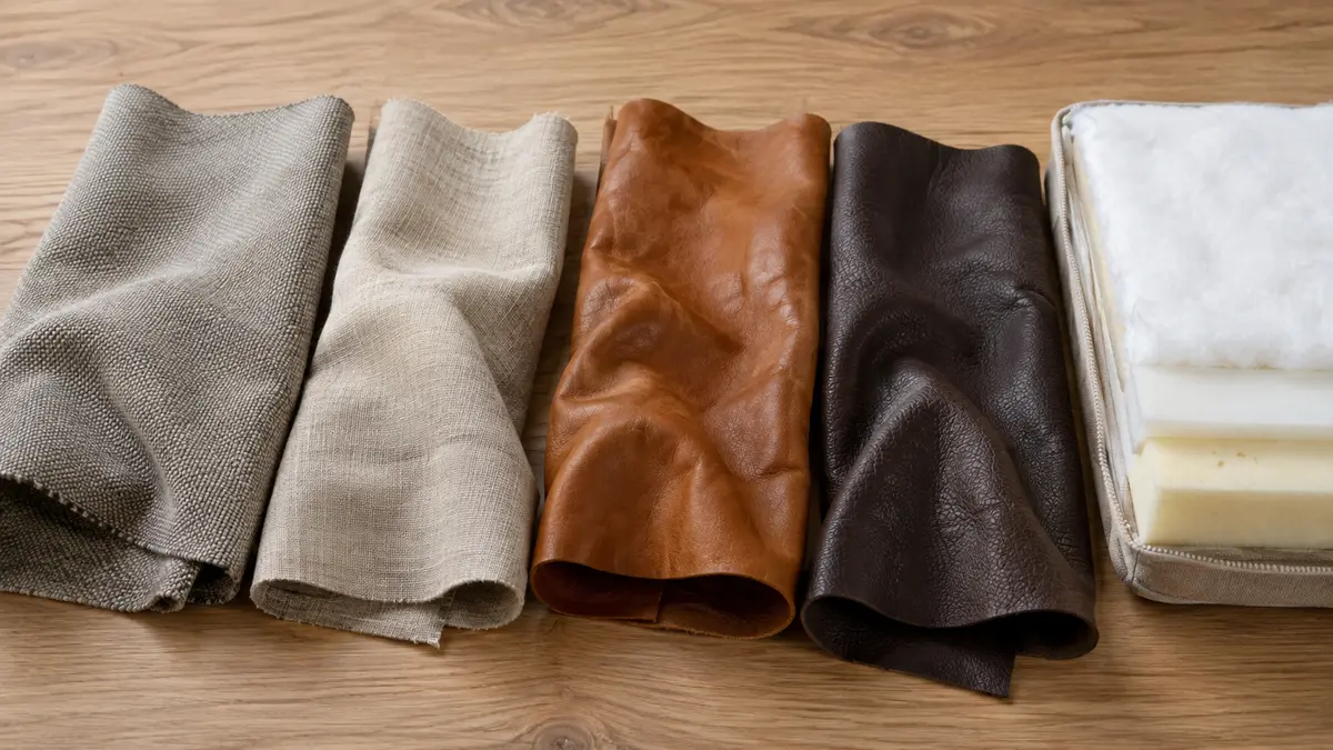 Upholstery fabric and leather samples compared beside sofa cushion materials