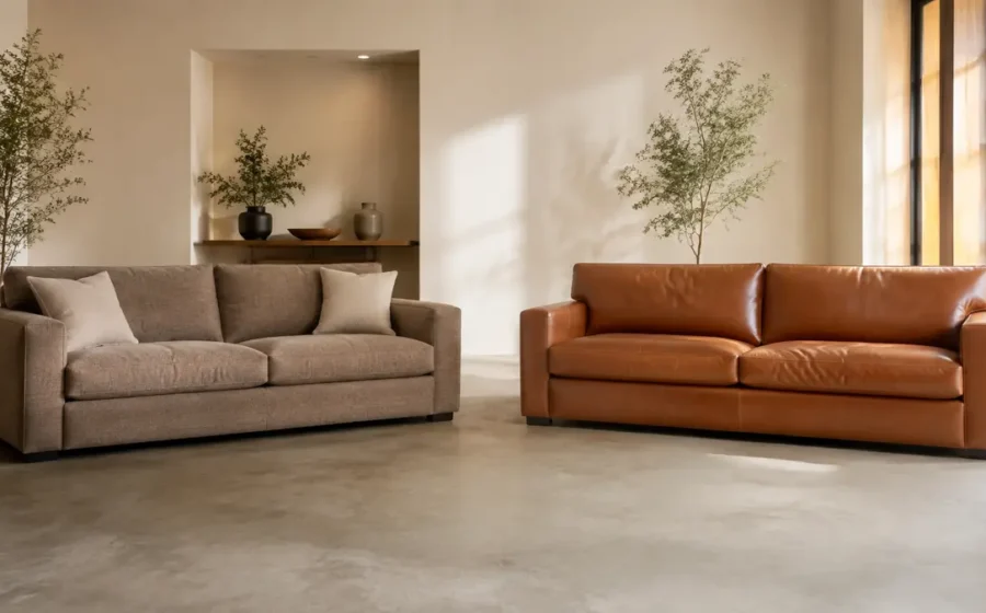 Fabric and leather sofas shown in comparable home interiors