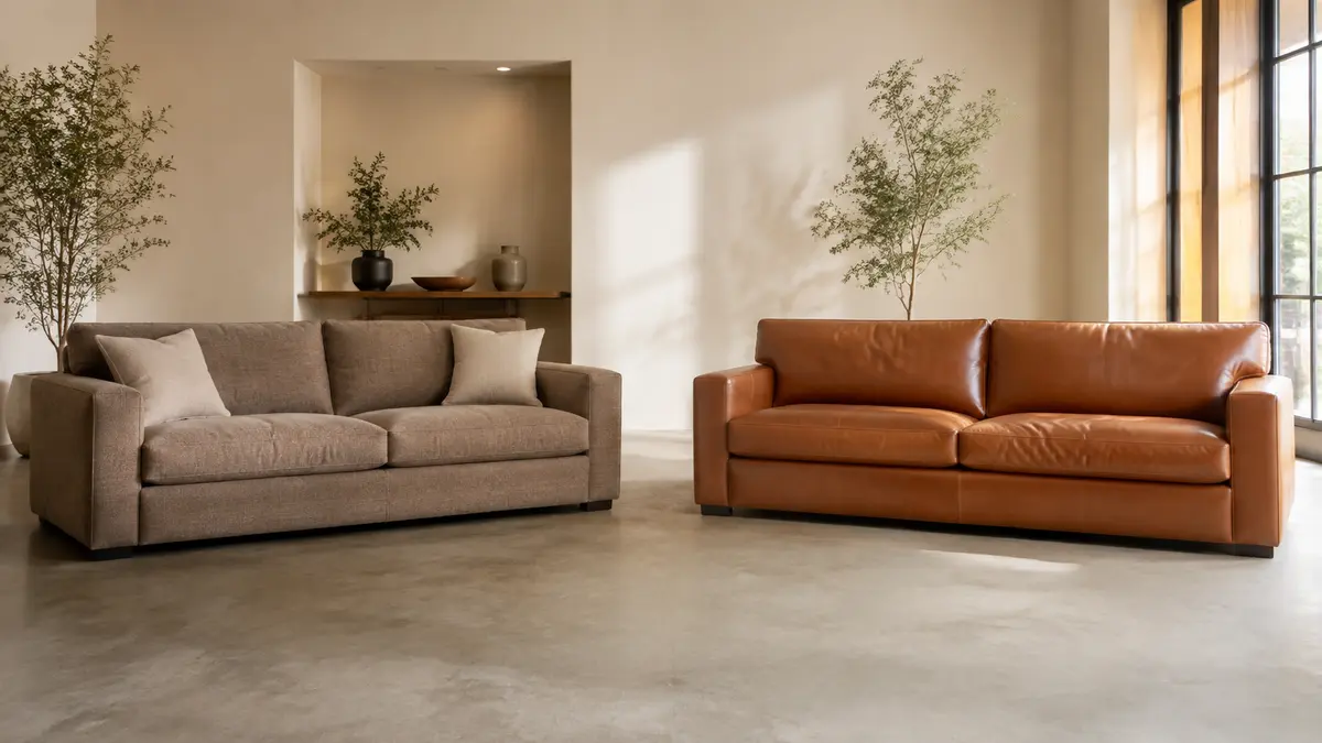 Fabric and leather sofas shown in comparable home interiors