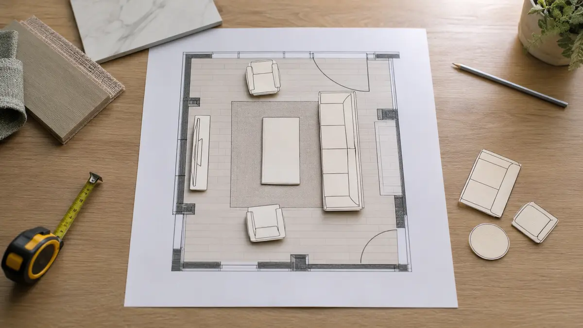 Scaled living room plan with sofa chair table and circulation measurements